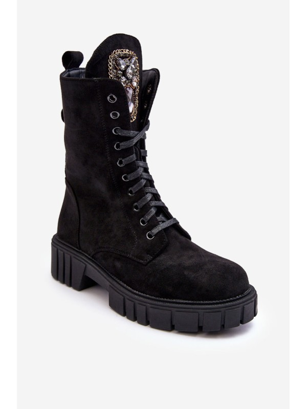 Leather Ankle Boots with Jewellery Embellishment Black Marx
