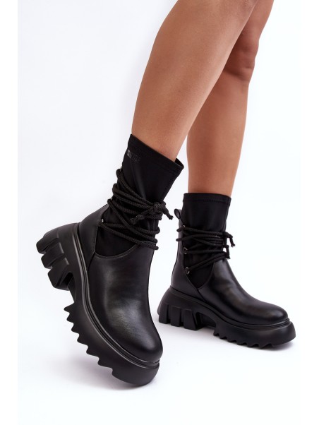 Lace-up Boots on Massive Platform Black Big Star MM274590