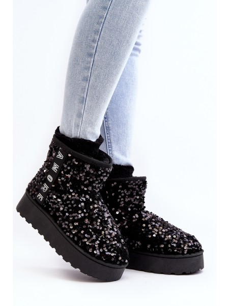 Women's Snow Boots On Platform Embellished With Rhinestones Black Silmo