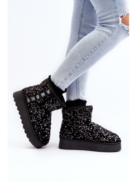 Women's Snow Boots On Platform Embellished With Rhinestones Black Silmo