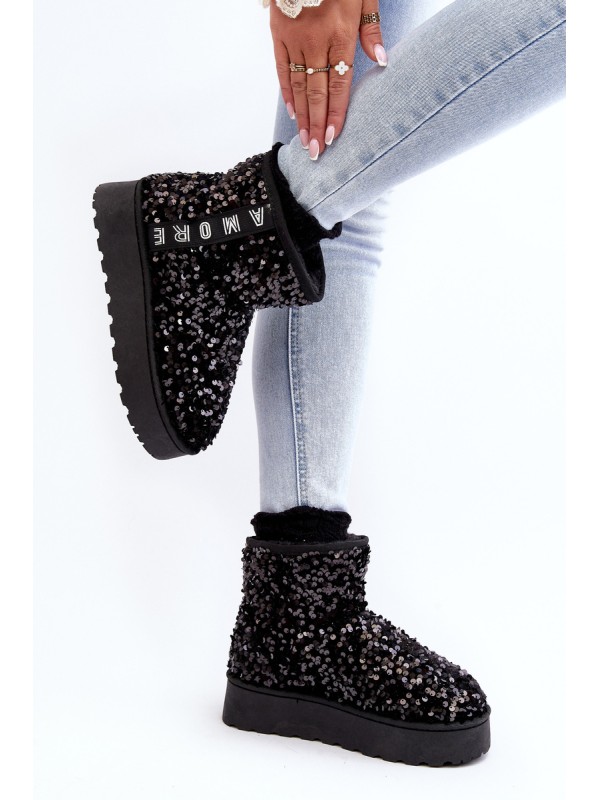 Women's Snow Boots On Platform Embellished With Rhinestones Black Silmo