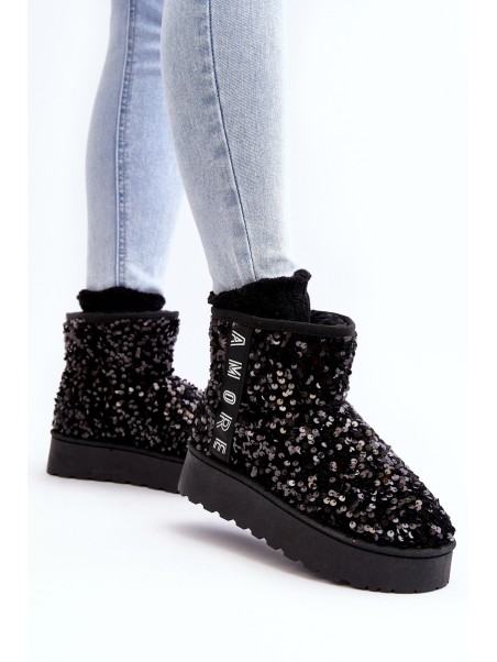 Women's Snow Boots On Platform Embellished With Rhinestones Black Silmo