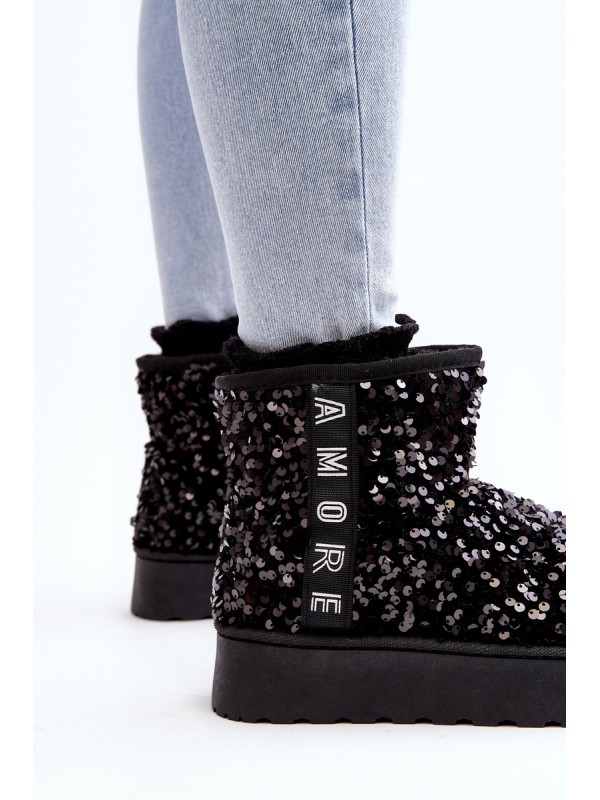 Women's Snow Boots On Platform Embellished With Rhinestones Black Silmo