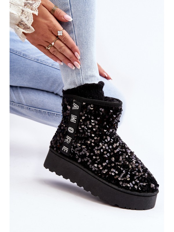 Women's Snow Boots On Platform Embellished With Rhinestones Black Silmo