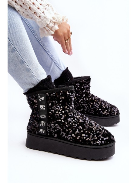 Women's Snow Boots On Platform Embellished With Rhinestones Black Silmo