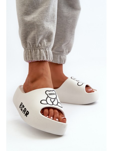 Women's Foam Slides on Chunky Sole with Bear White Lamira