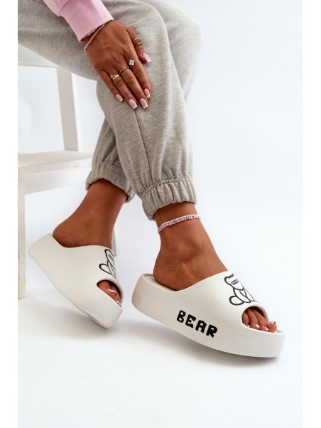 Women's Foam Slides on Chunky Sole with Bear White Lamira