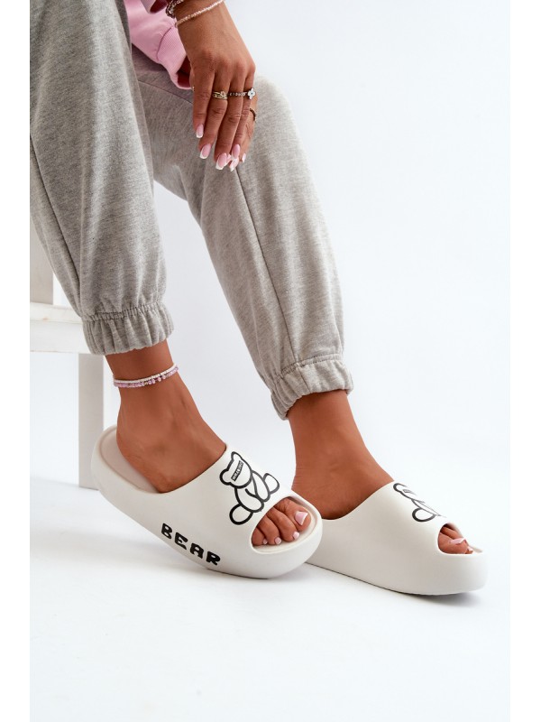 Women's Foam Slides on Chunky Sole with Bear White Lamira
