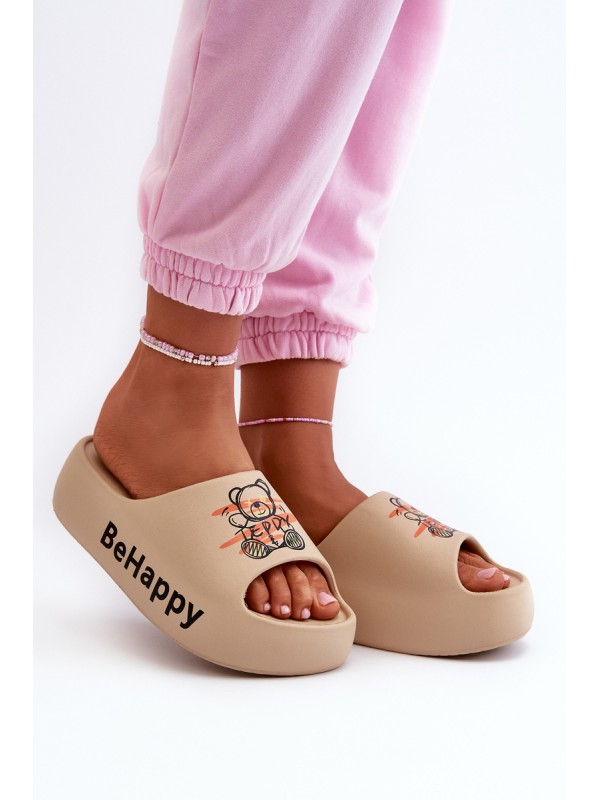 Light Women's Slides On Thick Sole With Plush Bear Dark Beige Serefina 2
