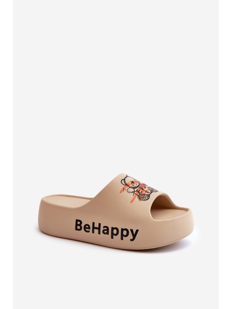 Light Women's Slides On Thick Sole With Plush Bear Dark Beige Serefina