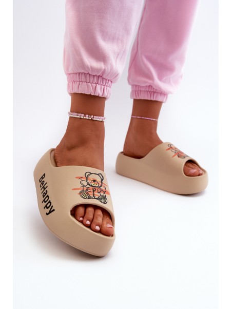 Light Women's Slides On Thick Sole With Plush Bear Dark Beige Serefina