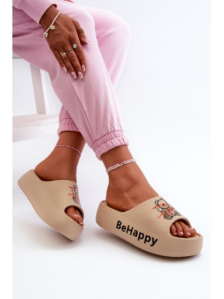 Light Women's Slides On Thick Sole With Plush Bear Dark Beige Serefina
