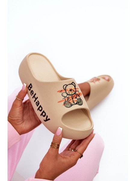 Light Women's Slides On Thick Sole With Plush Bear Dark Beige Serefina