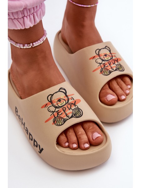 Light Women's Slides On Thick Sole With Plush Bear Dark Beige Serefina