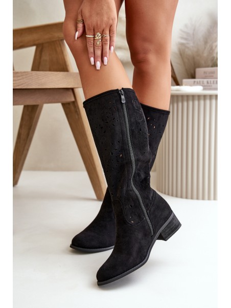 Women's Suede Boots with Lacing Black Tanive