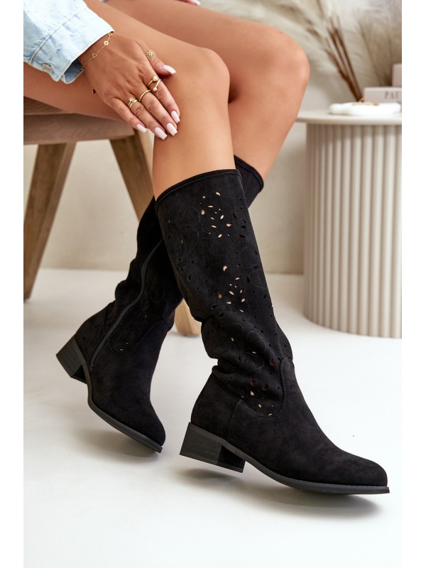 Women's Suede Boots with Lacing Black Tanive