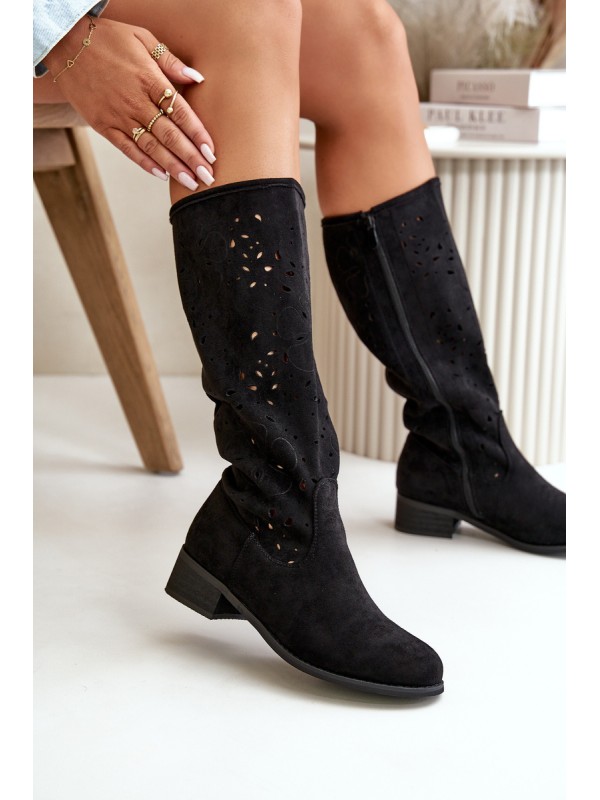 Women's Suede Boots with Lacing Black Tanive