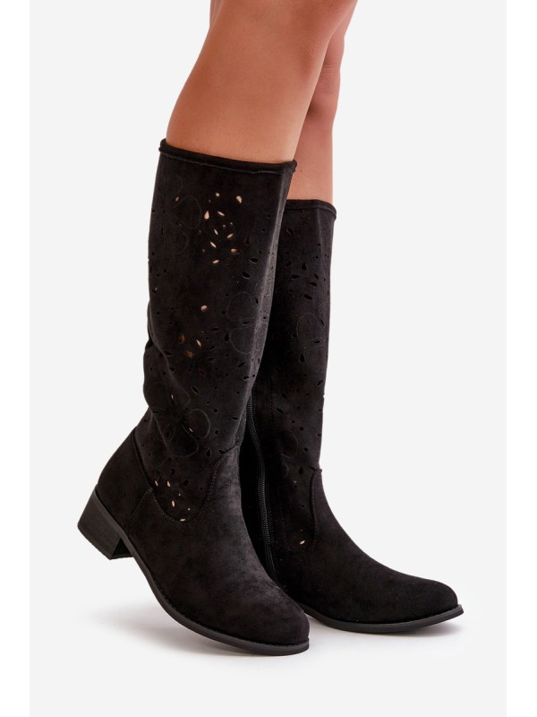Women's Suede Boots with Lacing Black Tanive