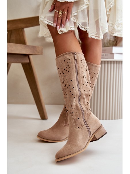 Lace-up Women's Low Heel Eco Suede Boots with Zipper Dark Beige Orchides