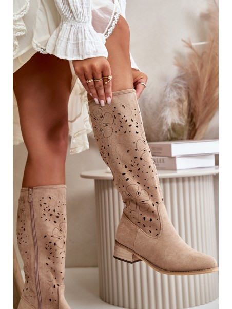 Lace-up Women's Low Heel Eco Suede Boots with Zipper Dark Beige Orchides