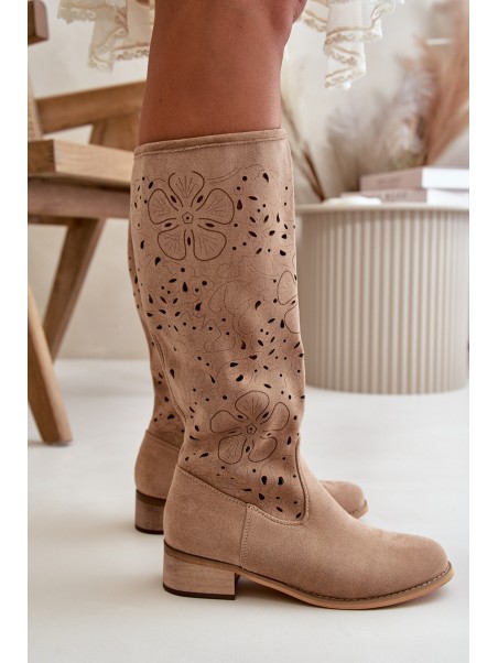Lace-up Women's Low Heel Eco Suede Boots with Zipper Dark Beige Orchides