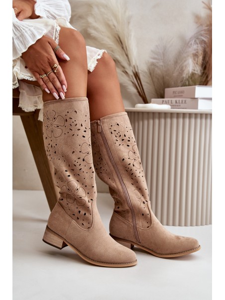 Lace-up Women's Low Heel Eco Suede Boots with Zipper Dark Beige Orchides