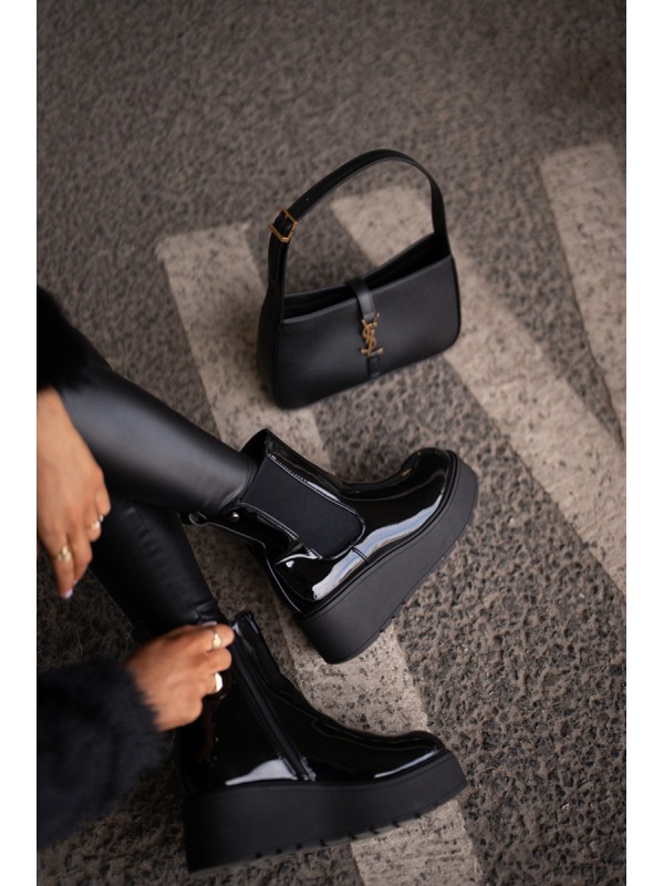 Black Wloedia women's patent leather ankle boots with platform and wedge heel