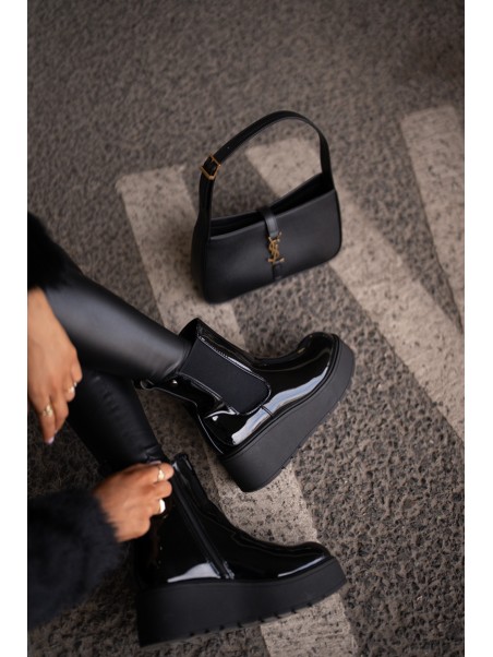 Black Wloedia women's patent leather ankle boots with platform and wedge heel