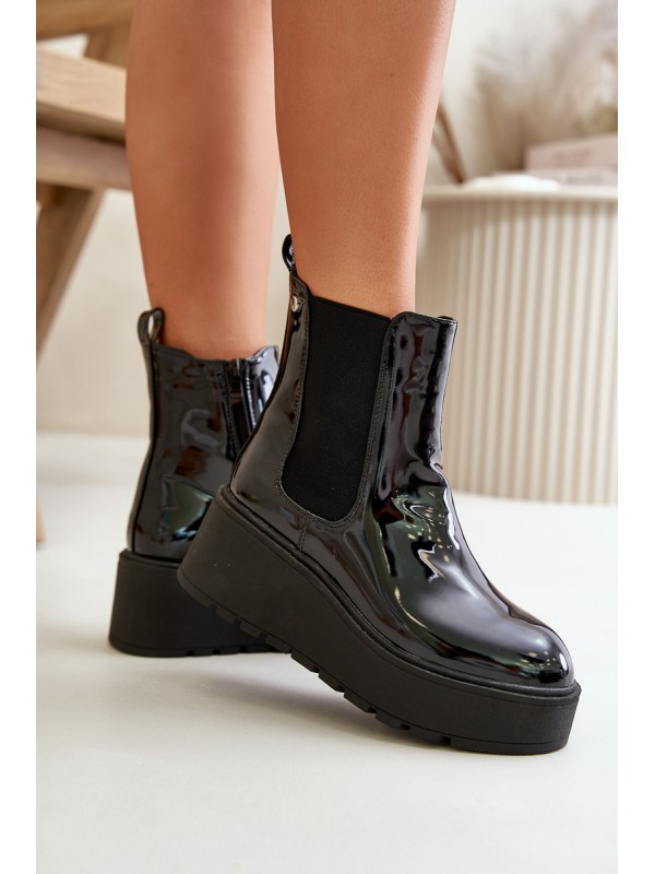 Black Wloedia women's patent leather ankle boots with platform and wedge heel