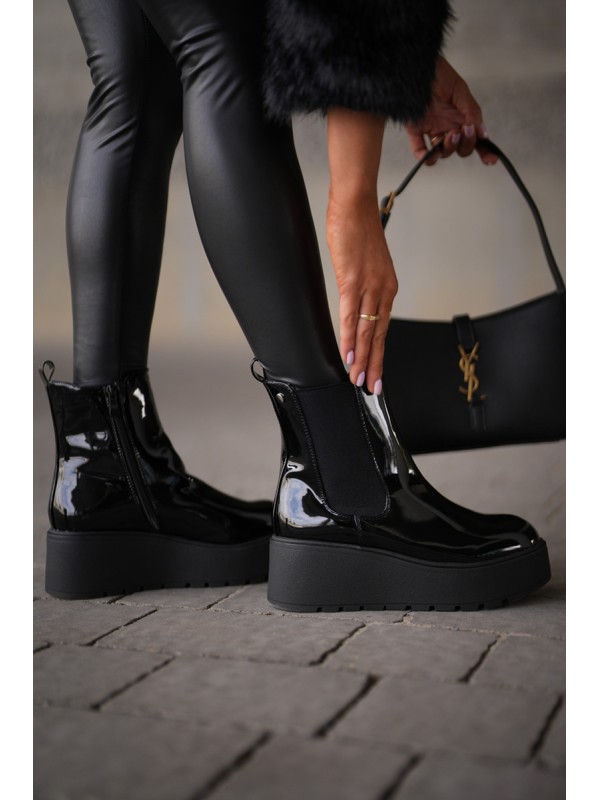 Black Wloedia women's patent leather ankle boots with platform and wedge heel