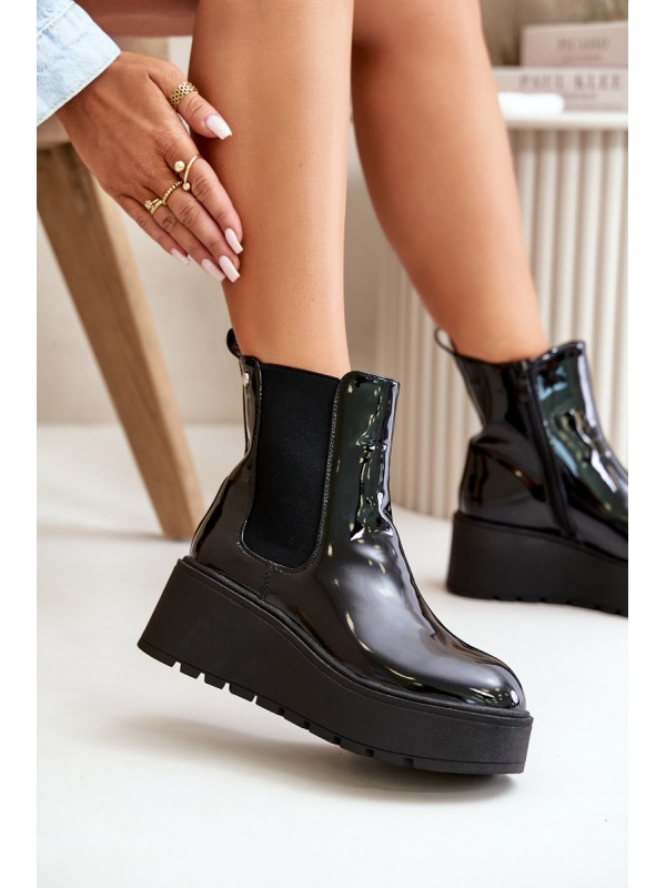 Black Wloedia women's patent leather ankle boots with platform and wedge heel