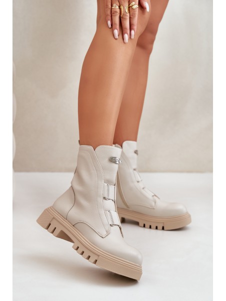 Fleece Lined Women's Worker Boots with Zip Eco Leather Light Beige Mailyra