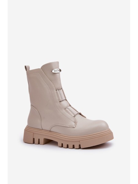 Fleece Lined Women's Worker Boots with Zip Eco Leather Light Beige Mailyra