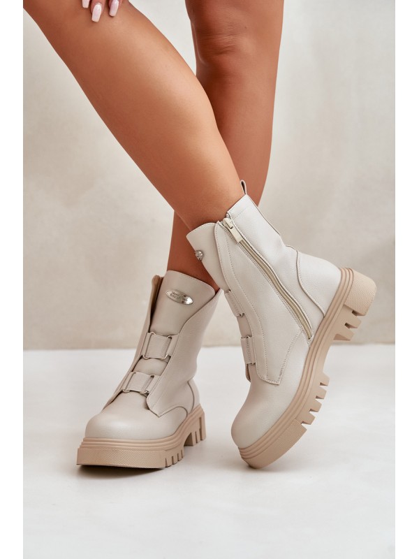 Fleece Lined Women's Worker Boots with Zip Eco Leather Light Beige Mailyra