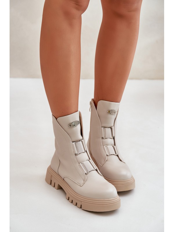 Fleece Lined Women's Worker Boots with Zip Eco Leather Light Beige Mailyra