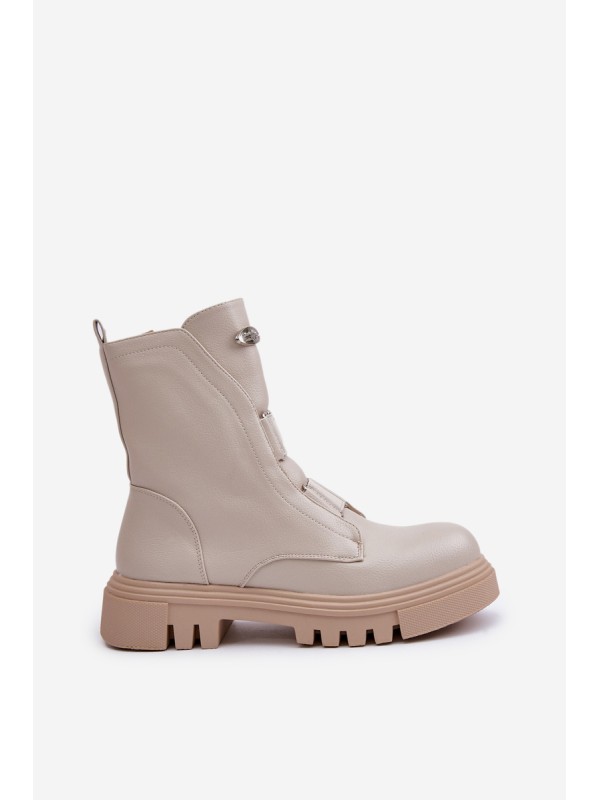 Fleece Lined Women's Worker Boots with Zip Eco Leather Light Beige Mailyra