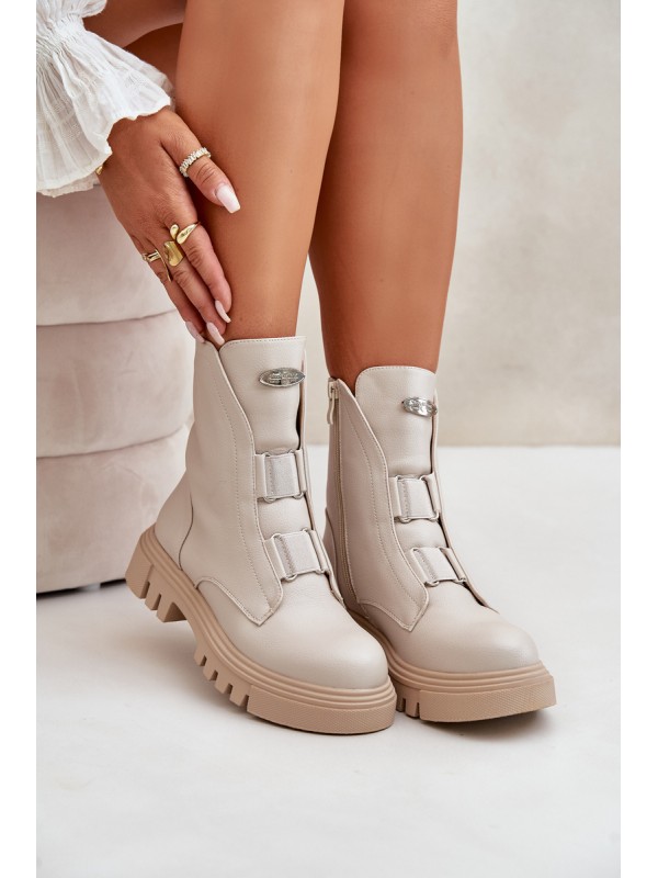 Fleece Lined Women's Worker Boots with Zip Eco Leather Light Beige Mailyra