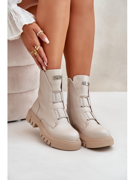 Fleece Lined Women's Worker Boots with Zip Eco Leather Light Beige Mailyra