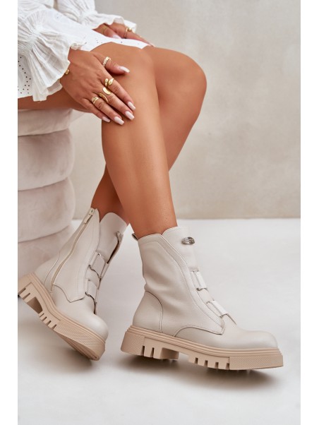 Fleece Lined Women's Worker Boots with Zip Eco Leather Light Beige Mailyra