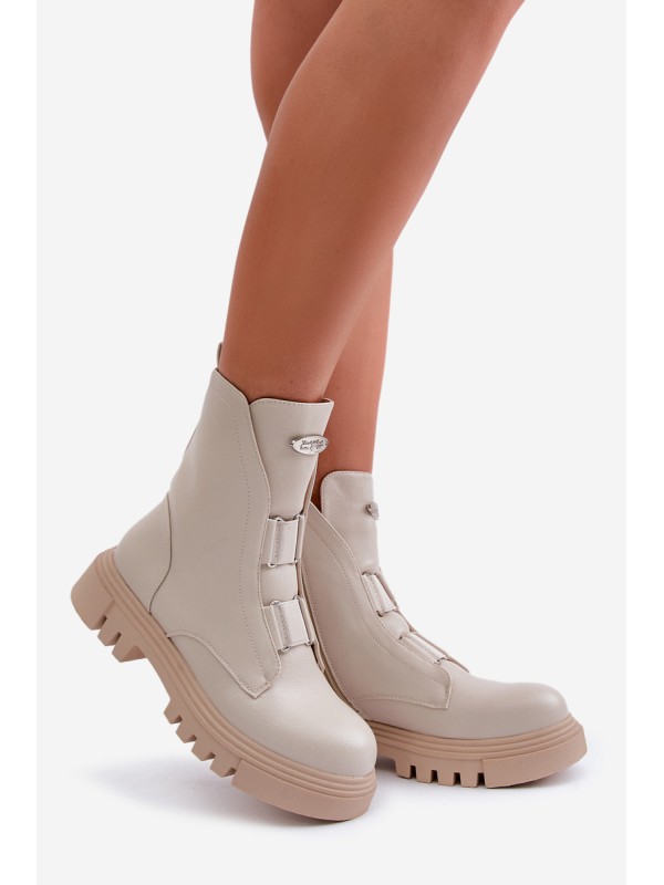 Fleece Lined Women's Worker Boots with Zip Eco Leather Light Beige Mailyra