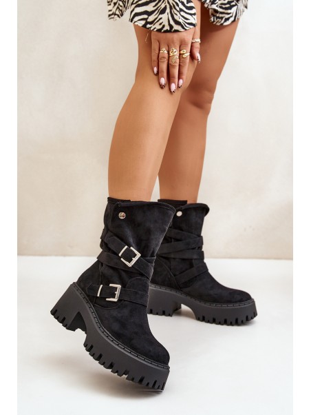 Women's Ankle Boots On Chunky Heel With Buckles And Strap Black Nerelisa