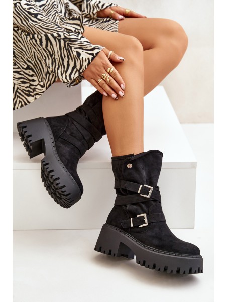 Women's Ankle Boots On Chunky Heel With Buckles And Strap Black Nerelisa