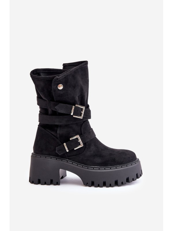 Women's Ankle Boots On Chunky Heel With Buckles And Strap Black Nerelisa