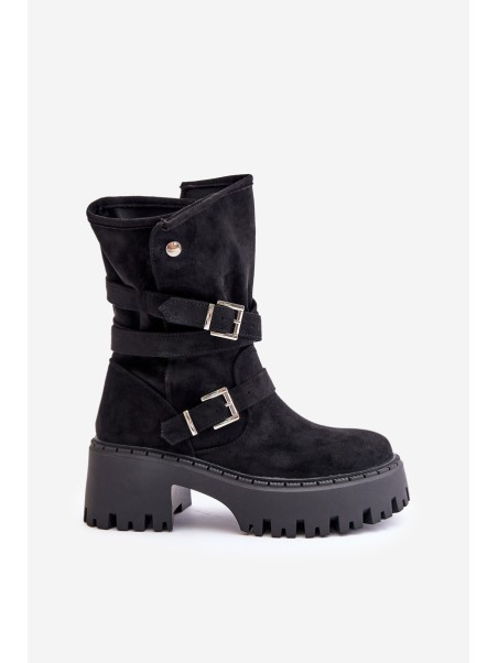 Women's Ankle Boots On Chunky Heel With Buckles And Strap Black Nerelisa