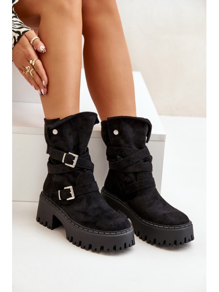 Women's Ankle Boots On Chunky Heel With Buckles And Strap Black Nerelisa