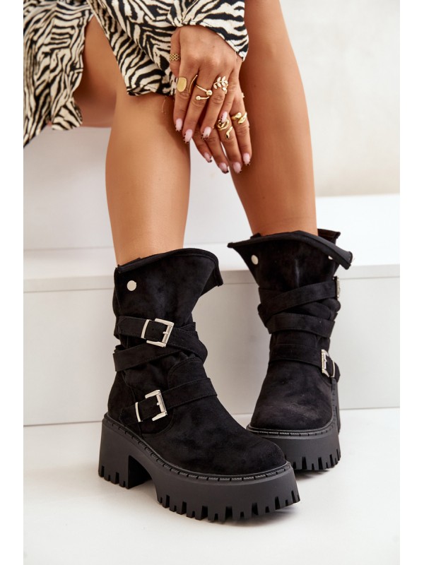 Women's Ankle Boots On Chunky Heel With Buckles And Strap Black Nerelisa