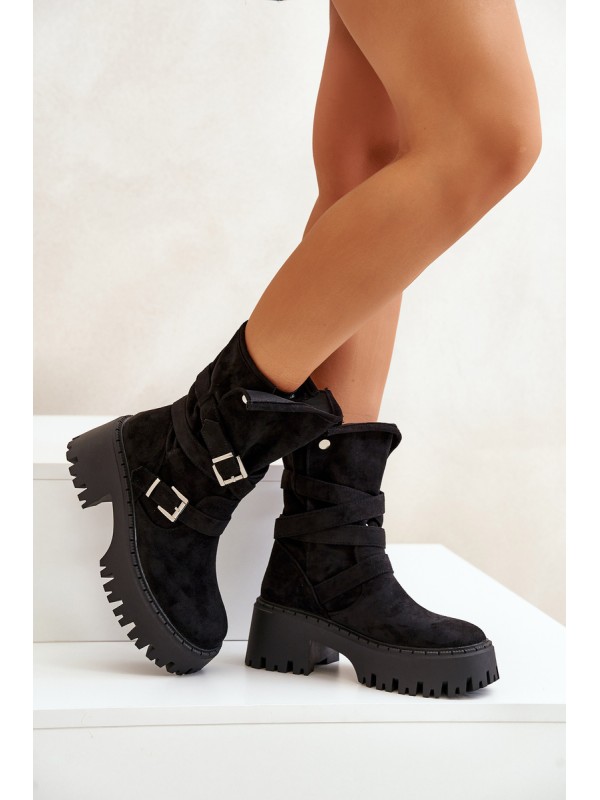 Women's Ankle Boots On Chunky Heel With Buckles And Strap Black Nerelisa