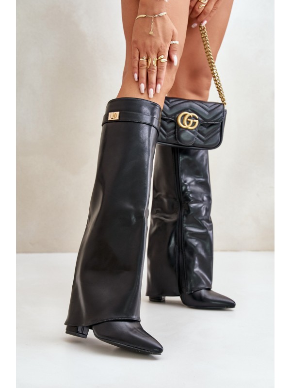 Women's Eco Leather Boots With Rolled Shaft On Heel Black Avamora