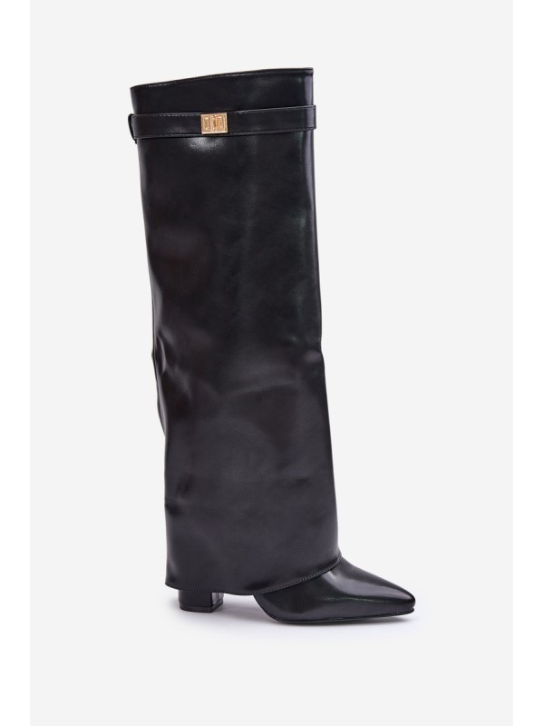 Women's Eco Leather Boots With Rolled Shaft On Heel Black Avamora
