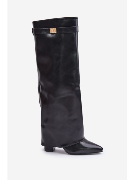 Women's Eco Leather Boots With Rolled Shaft On Heel Black Avamora